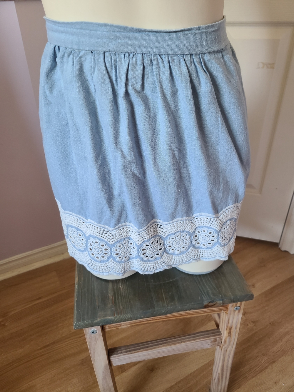 Denim&Co Light Blue Mini Skirt with White Crochet Hem